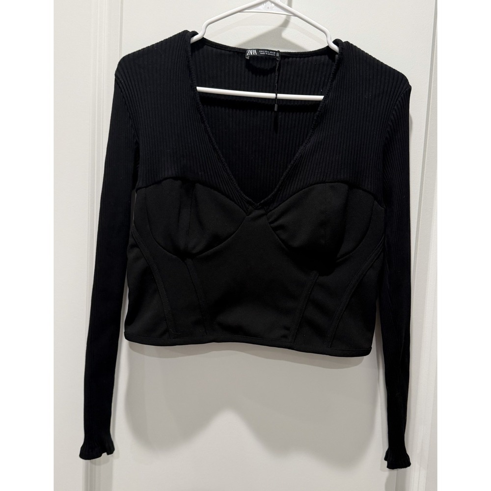 Zara Crop Top‎ Bustier Corset Large Ribbed Knit Black Long Sleeve V-Neck Sweater
